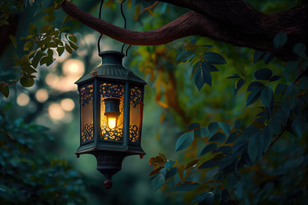 lantern hanging from tree, surrounded by lush greenery, created with generative aiの素材