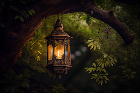 lantern hanging from tree, surrounded by lush greenery, created with generative aiの素材