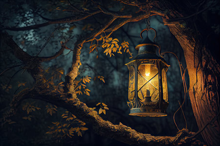 lantern hanging from branch, illuminated by lantern light in forest at night, created with generative aiの素材