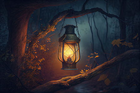 lantern hanging from branch, illuminated by lantern light in forest at night, created with generative aiの素材