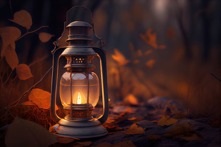 close-up of lantern with soft light in the forest, created with generative aiの素材