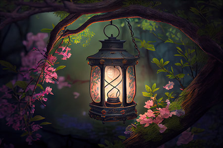 lantern hanging from tree branch, surrounded by lush greenery and blooming flowers, created with generative aiの素材