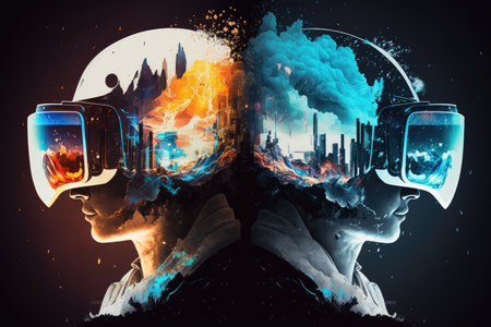 virtual reality games with vr headset double exposure in holographic frames, created with generative aiの素材