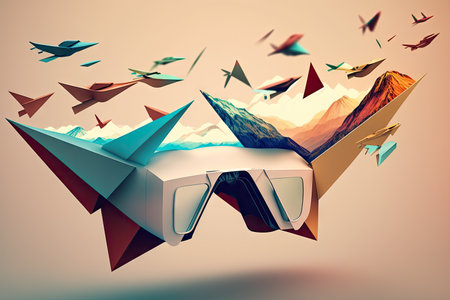 virtual image with flying colored paper airplanes on screen of virtual reality headset double exposure, created with generative aiの素材
