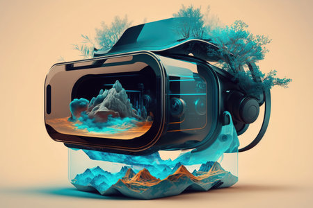 cozy virtual reality helmet with computer screen vr headset double exposure, created with generative aiの素材