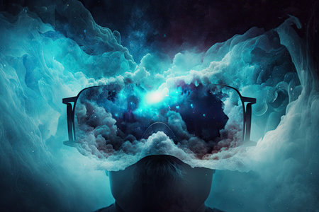 mist ether cosmic space in virtual reality technology vr headset double exposure, created with generative aiの素材