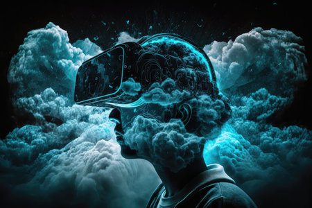 mist ether cosmic space in virtual reality technology vr headset double exposure, created with generative aiの素材