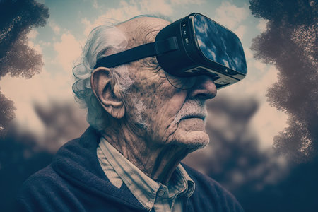 elderly man using hmd vr headset double exposure, created with generative aiの素材
