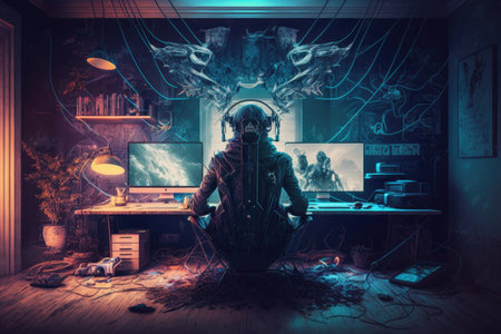 fantasy cyberpunk room with computer and vr headset double exposure, created with generative aiの素材