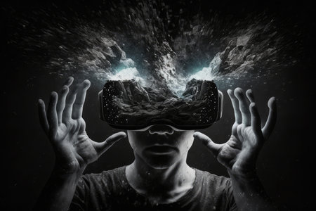 head in hands with vr headset double exposure retouching on black background, created with generative aiの素材