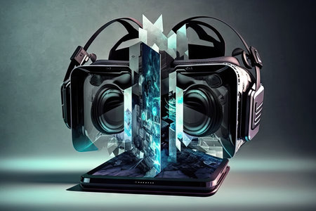virtual reality technology with gaming tablet vr headset double exposure, created with generative aiの素材