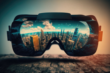 blurred city panorama in screen of virtual reality goggles vr headset double exposure, created with generative aiの素材