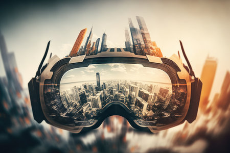 blurred city panorama in screen of virtual reality goggles vr headset double exposure, created with generative aiの素材