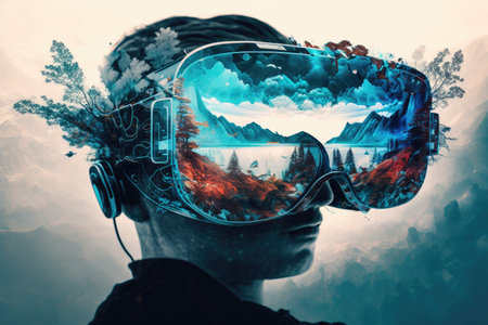 spirit of future virtual reality glasses with vr headset double exposure, created with generative aiの素材