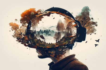 panoramic virtual reality vr headset double exposure image, created with generative aiの素材