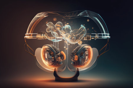 abstract futuristic medical device with light bulb in form of vr headset double exposure, created with generative aiの素材