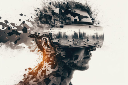double exposure render with human face and vr headset, created with generative aiの素材