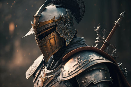 medieval helmet warrior with sword and armor walking knight, created with generative aiの素材