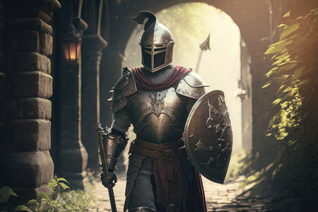 medieval scene with walking knight in armor and helmet, created with generative aiの素材