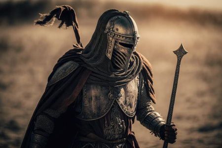 robe-clad medieval warrior in helmet walking with sword, created with generative aiの素材