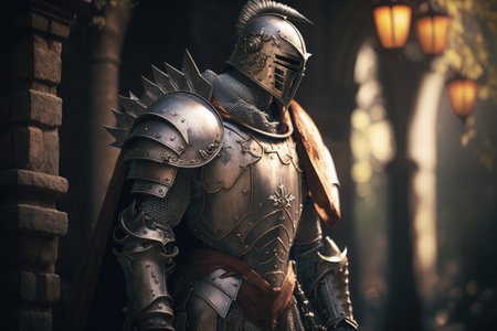 medieval fantasy walking knight in armor and., created with generative aiの素材
