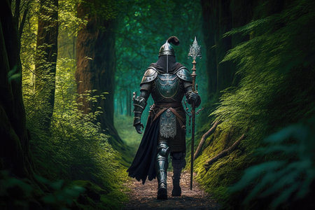 medieval warrior with sword in armor walking through forest, created with generative aiの素材