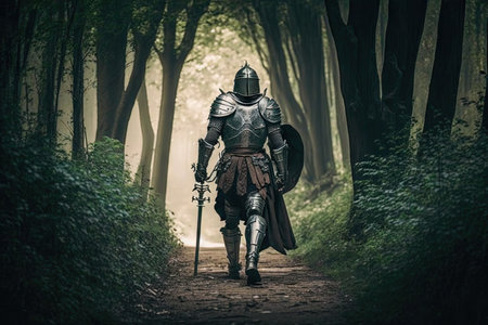 medieval warrior with sword in armor walking through forest, created with generative aiの素材
