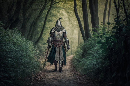 medieval warrior with sword in hand walking on forest path, created with generative aiの素材