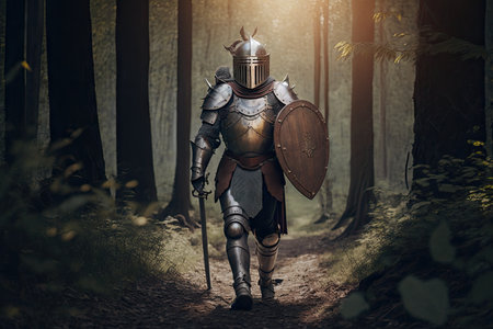 medieval warrior in armor with helmet and shield walks through forest, created with generative aiの素材