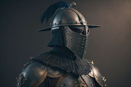 medieval warrior armored with armor hat and sword on light background, created with generative aiの素材