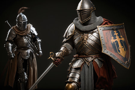 medieval person in armor with walking knight and sword, created with generative aiの素材