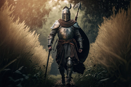 warrior in armor walking on grass with sword in his hands and walking knight helmet depicting middle ages, created with generative aiの素材