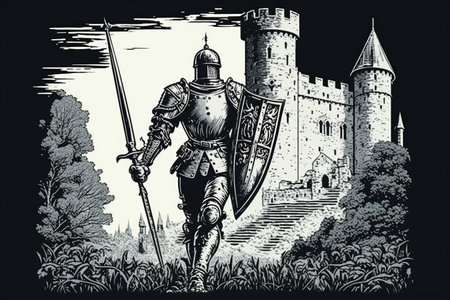 warrior in armor with shield and sword walking contours of medieval castle, created with generative aiの素材