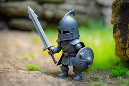 fantasy plastic toy with helmet and sword walking knight, created with generative aiの素材