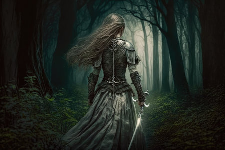 fantasy figure of girl with sword in hands walking on grass forest, created with generative aiの素材