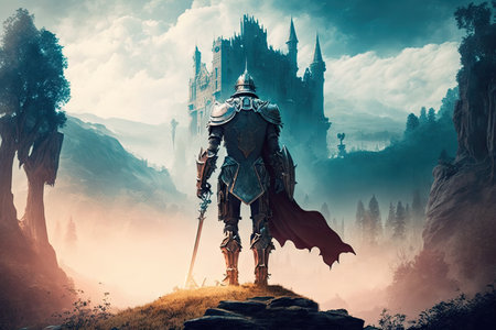 ancient mystical kingdom in future and walking knight standing on hill, created with generative aiの素材
