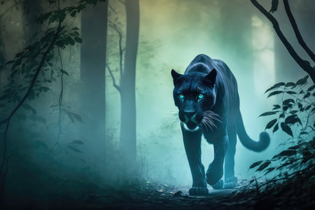 panther prowling through misty forest, created with generative aiの素材