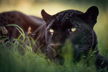 panther lying in the grass, its eyes closed, created with generative aiの素材