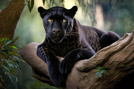panther lounging on a tree branch, surveying its domain, created with generative aiの素材