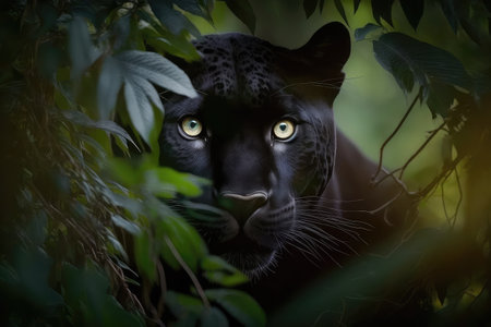 majestic panther in the forest, its eyes shining, created with generative aiの素材