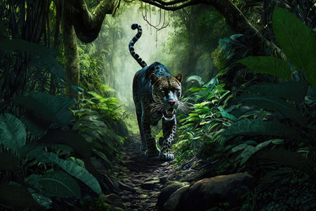 walking through the jungle, with panther in pursuit, created with generative aiの素材