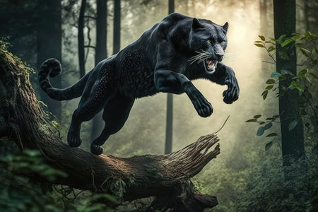 panther leaping over fallen tree in the forest, created with generative aiの素材