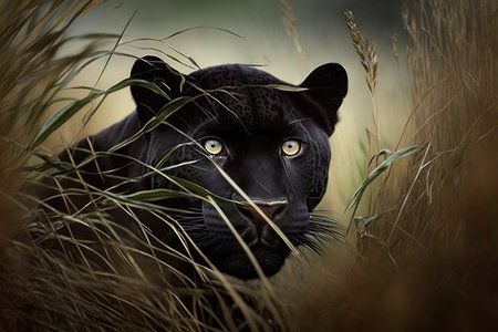 panther stalking its prey in the tall grass, created with generative aiの素材