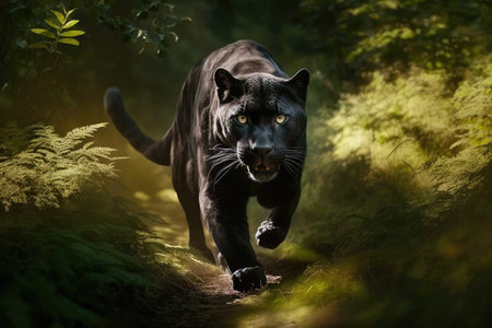 panther running through lush forest, its sleek fur glistening in the sunlight, created with generative aiの素材