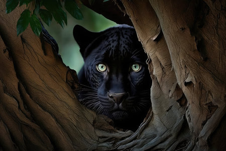 panther hiding behind tree, eyes focused on prey, created with generative aiの素材