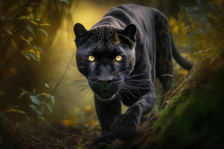 panther hunting in the forest, its yellow eyes fixed on prey, created with generative aiの素材