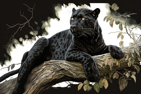 panther sitting on tree branch, surveying its territory, created with generative aiの素材