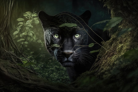 panther hunting in the forest, its eyes fixed on prey, created with generative aiの素材