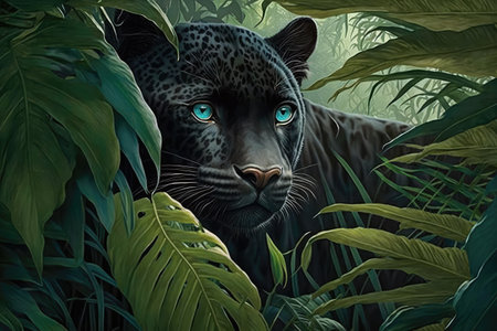 panther in lush jungle, stalking its prey, created with generative aiの素材