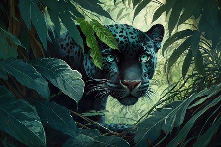 panther in lush jungle, stalking its prey, created with generative aiの素材